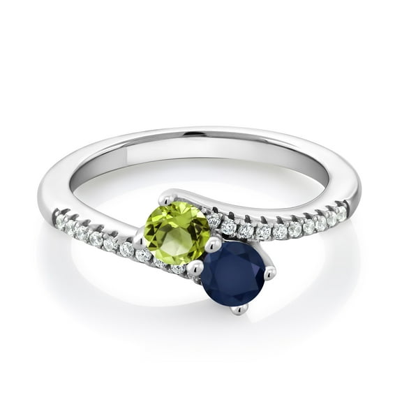 Gem Stone King 925 Sterling Silver Green Peridot and Blue Sapphire Bypass Ring for Women (0.89 Cttw, Gemstone August Birthstone, Round 4MM, Available in Size 5, 6, 7, 8, 9)