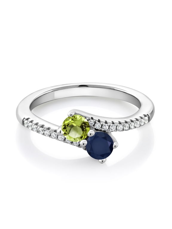 925 Sterling Silver Green Peridot and Blue Sapphire Bypass Ring for Women (0.89 Cttw, Gemstone August Birthstone, Round 4MM, Available in Size 5, 6, 7, 8, 9)
