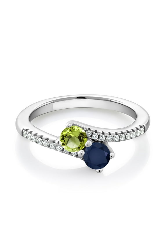 925 Sterling Silver Green Peridot and Blue Sapphire Bypass Ring for Women (0.89 Cttw, Gemstone August Birthstone, Round 4MM, Available in Size 5, 6, 7, 8, 9)