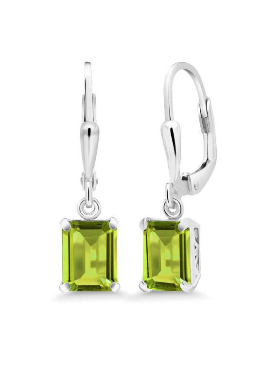 925 Sterling Silver Green Peridot Dangle Earrings for Women (3.20 Cttw, Gemstone August Birthstone, Emerald Cut 8X6MM)