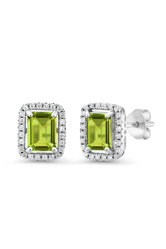 925 Sterling Silver Green Peridot Earrings for Women (3.68 Cttw, Gemstone Birthstone, Emerald Cut 8X6MM)