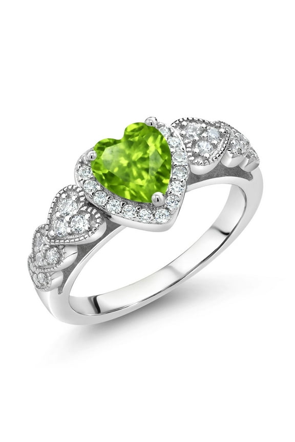925 Sterling Silver Green Peridot Engagement Ring for Women (1.20 Cttw, Heart Shape 6MM, Gemstone Birthstone, Available in Size 5, 6, 7, 8, 9)