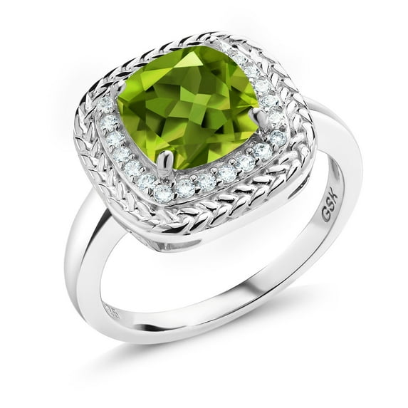 Gem Stone King 925 Sterling Silver Green Peridot Engagement Ring for Women (2.45 Cttw, Cushion Cut 8MM, Gemstone Birthstone, Available in Size 5,6,7,8,9)