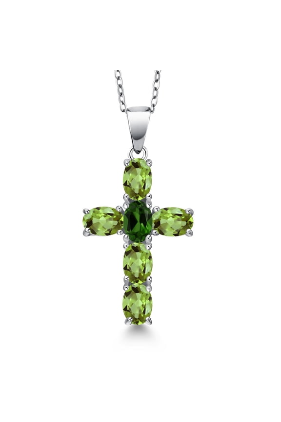 925 Sterling Silver Green Peridot and Green Chrome Diopside Cross Pendant Necklace for Women | 3.05 Cttw | Gemstone August Birthstone | Oval 6X4MM | With 18 inch Chain