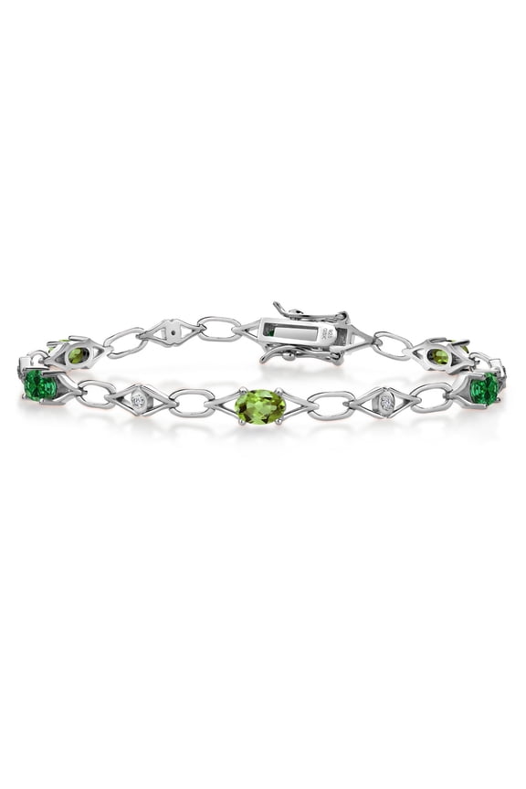 2.59 Cttw Green Peridot Green Created Emerald and White Lab Grown Diamond Tennis Bracelet for Women | 925 Sterling Silver | Gemstone Birthstone | Oval 6X4MM | 7.25 inches