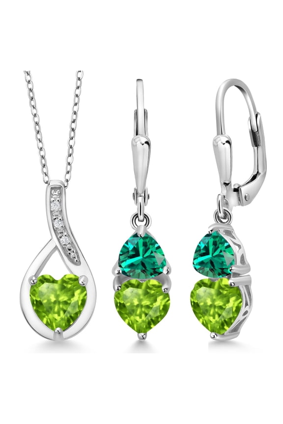 925 Sterling Silver Green Peridot and Green Nano Emerald Pendant Earrings Set for Women (3.67 Cttw, Gemstone August Birthstone, with 18 inch Chain)