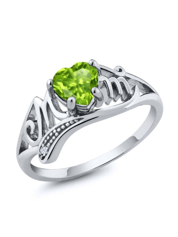 925 Sterling Silver Green Peridot Heart Shape Mothers Day MOM Ring | 0.52 Cttw | Gemstone Birthstone | Available in Size 5, 6, 7, 8, 9