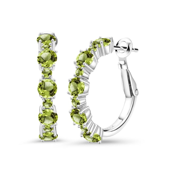 Gem Stone King 925 Sterling Silver Green Peridot Hoop Earrings for Women (3.40 Cttw, Round 4MM and 1.9MM, Gemstone Birthstone 1 inch Diameter)