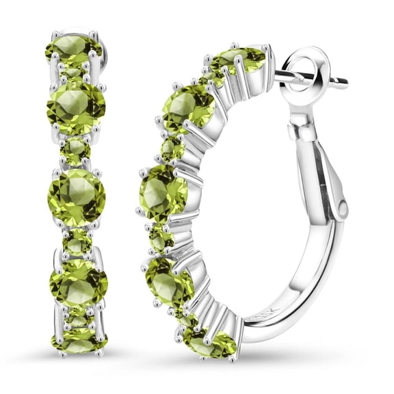 Gem Stone King 925 Sterling Silver Green Peridot Hoop Earrings for Women (3.40 Cttw, Round 4MM and 1.9MM, Gemstone Birthstone 1 inch Diameter)