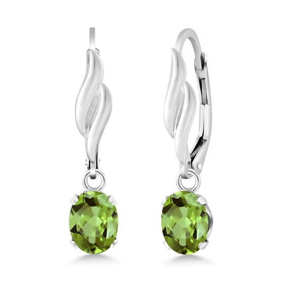 Gem Stone King 925 Sterling Silver Green Peridot Leverback Dangle Drop Earrings for Women (1.80 Cttw, Gemstone August Birthstone, Oval 7X5MM)
