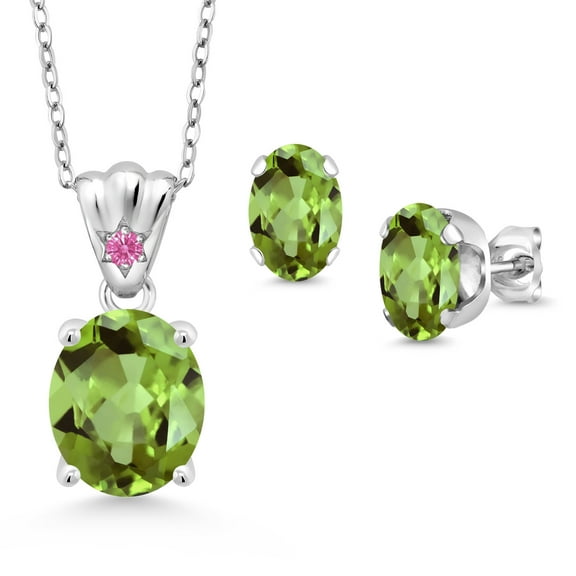Gem Stone King 925 Sterling Silver Green Peridot and Pink Zirconia Pendant and Earrings Jewelry Set for Women (5.87 Cttw, Gemstone Birthstone, Oval 11X9MM and 8X6MM with 18 inch Silver Chain)