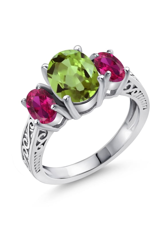 2.35 Cttw Green Peridot and Red Created Ruby 3-Stone Ring for Women | 925 Silver | Gemstone Birthstone | Oval 9X7MM and 6X4MM | Wedding Engagement Anniversary Promise Ring | Size 5