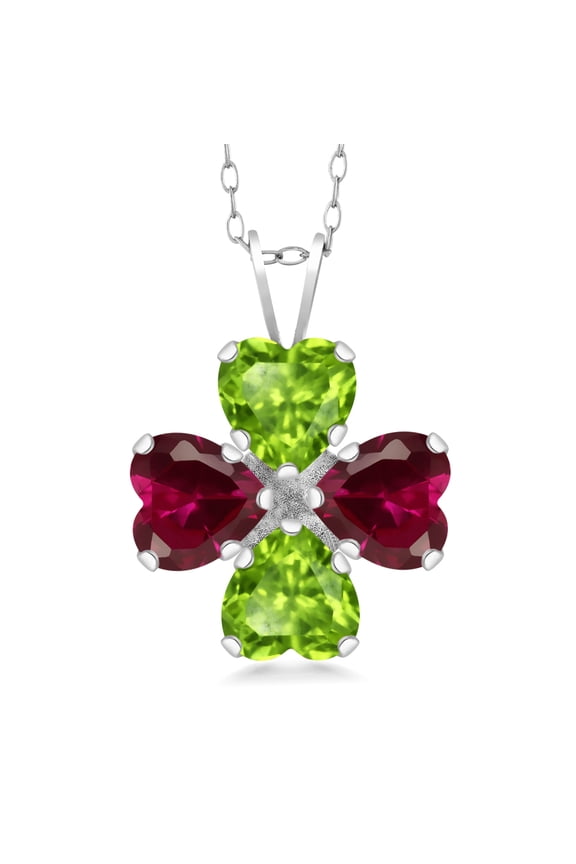 925 Sterling Silver Green Peridot and Red Created Ruby 4 Heart Shape Gemstone August Birthstone Pendant Necklace for Women (3.58 Cttw, 6MM Heart, with 18 inch Silver Chain)