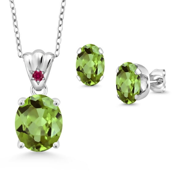 Gem Stone King 925 Sterling Silver Green Peridot and Red Created Ruby Pendant and Earrings Jewelry Set for Women (5.89 Cttw, Gemstone Birthstone, Oval 11X9MM and 8X6MM with 18 inch Silver Chain)