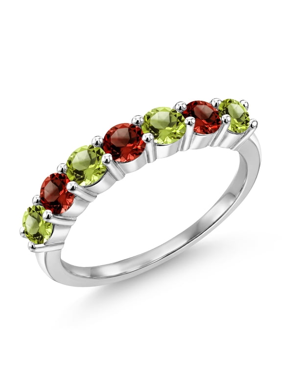 925 Sterling Silver Green Peridot and Red Garnet Anniversary Ring for Women (1.32 Cttw, Gemstone Birthstone, Size 9)