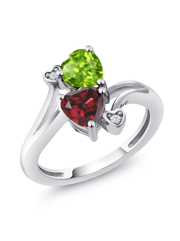 1.76 Cttw Green Peridot and Red Garnet Ring for Women | 925 Sterling Silver | Heart Shape 6MM | Gemstone Birthstone | Heart Ring for Women | Available in Size 5, 6, 7, 8, 9