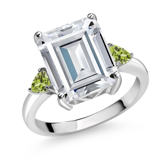 Gem Stone King 925 Sterling Silver Green Peridot Ring Set with Emerald Cut Moissanite (7.74 Cttw) (Size 5)