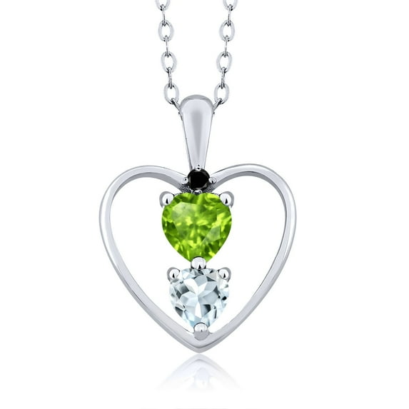 Gem Stone King 925 Sterling Silver Green Peridot Sky Blue Aquamarine and Black Diamond Pendant Necklace for Women (0.76 Cttw, Gemstone August Birthstone, Heart 5MM and 4MM, with 18 inch Silver Chain)