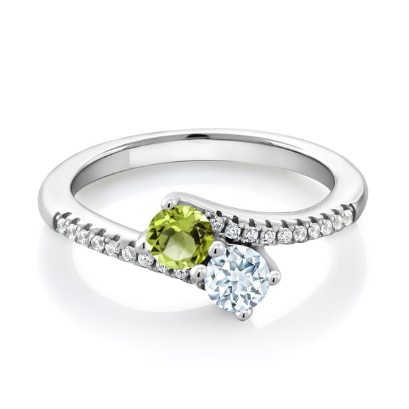 Gem Stone King 925 Sterling Silver Green Peridot and Sky Blue Aquamarine Bypass Ring for Women (0.79 Cttw, Gemstone August Birthstone, Round 4MM, Available in Size 5, 6, 7, 8, 9)