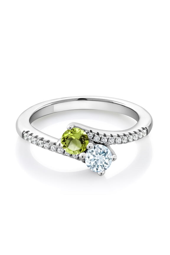 925 Sterling Silver Green Peridot and Sky Blue Aquamarine Bypass Ring for Women (0.79 Cttw, Gemstone August Birthstone, Round 4MM, Available in Size 5, 6, 7, 8, 9)