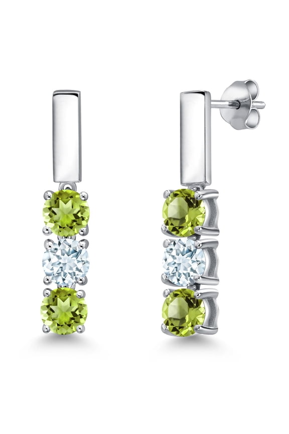 925 Sterling Silver Green Peridot and Sky Blue Aquamarine Drop Dangle Earrings for Women | 1.60 Cttw | Gemstone August Birthstone | Round 5MM