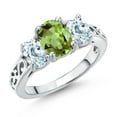thumbnail image 1 of Gem Stone King 925 Sterling Silver Green Peridot and Sky Blue Aquamarine Filigree Style 3 Stone Ring for Women (2.42 Cttw, Oval 8X6MM and 6X4MM) (Size 7), 1 of 6