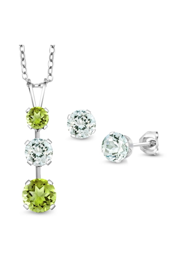 925 Sterling Silver Green Peridot and Sky Blue Aquamarine Pendant and Earrings Jewelry Set for Women (2.80 Cttw, Gemstone August Birthstone, with 18 inch Chain)