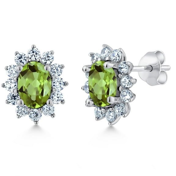 Gem Stone King 925 Sterling Silver Green Peridot Stud Women's Halo Princess Diana Kate Middleton Post Earrings (3.00 Cttw, Gemstone Birthstone, Oval 7X5MM)