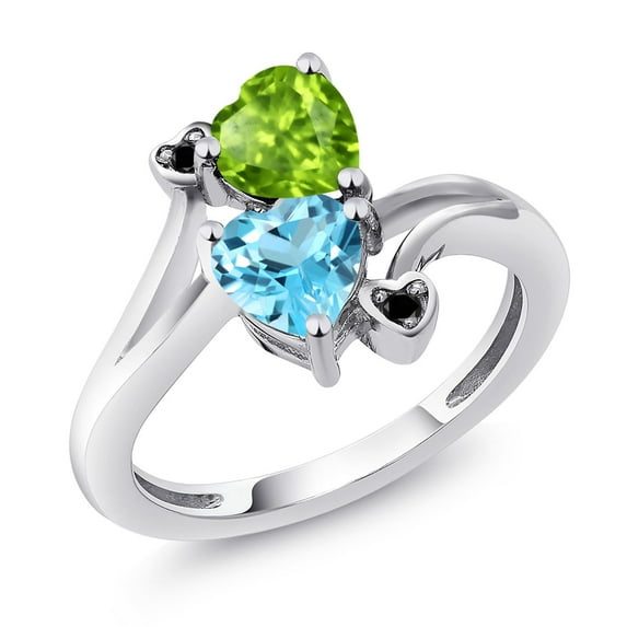 Gem Stone King 925 Sterling Silver Green Peridot Swiss Blue Topaz and Black Diamond Ring for Women (1.81 Cttw, Heart Shape 6MM, Gemstone August Birthstone, Size 9)