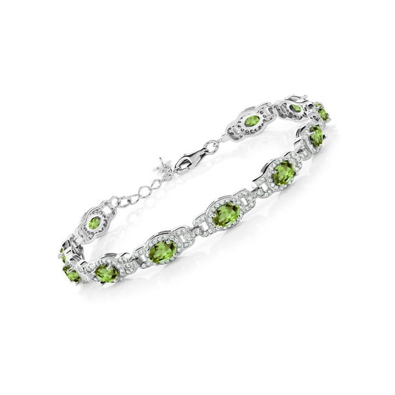 Gem Stone King 925 Sterling Silver Green Peridot Tennis Bracelet for Women (9.10 Cttw, Gemstone Birthstone, Oval 6X4MM, 7 inch Bracelet With 1 inch Extender)