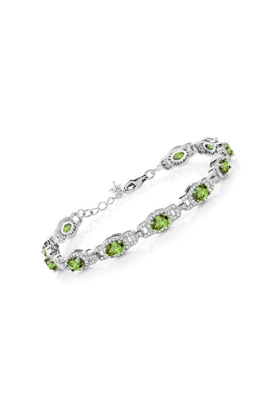 925 Sterling Silver Green Peridot Tennis Bracelet for Women (9.10 Cttw, Gemstone Birthstone, Oval 6X4MM, 7 inch Bracelet With 1 inch Extender)