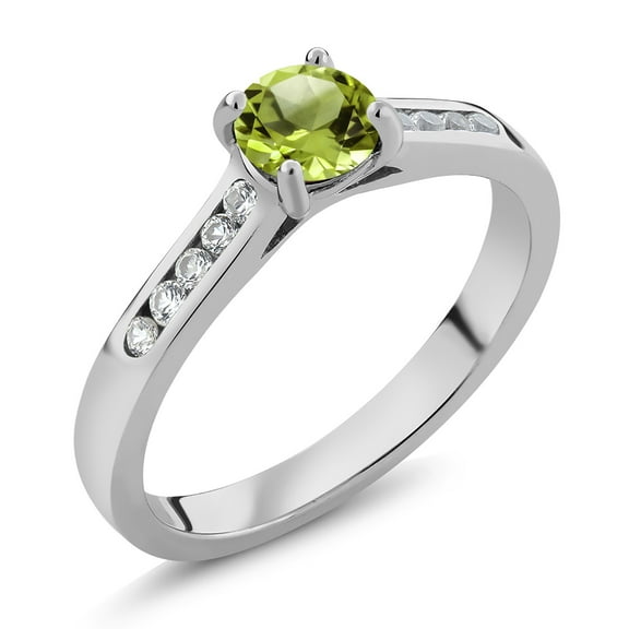 Gem Stone King 925 Sterling Silver Green Peridot and White Created Sapphire Engagement Ring for Women | 0.65 Cttw | Round 5MM | Gemstone August Birthstone | Size 6