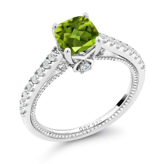 Gem Stone King 925 Sterling Silver Green Peridot and White Created Sapphire Engagement Ring for Women (1.12 Cttw, Cushion 6MM, Gemstone August Birthstone, Available in Size 5, 6, 7, 8, 9)