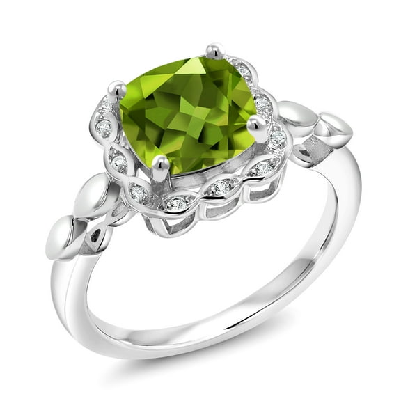 Gem Stone King 925 Sterling Silver Green Peridot and White Created Sapphire Engagement Ring for Women | 2.55 Cttw | Cushion 8MM | Gemstone August Birthstone | Size 8