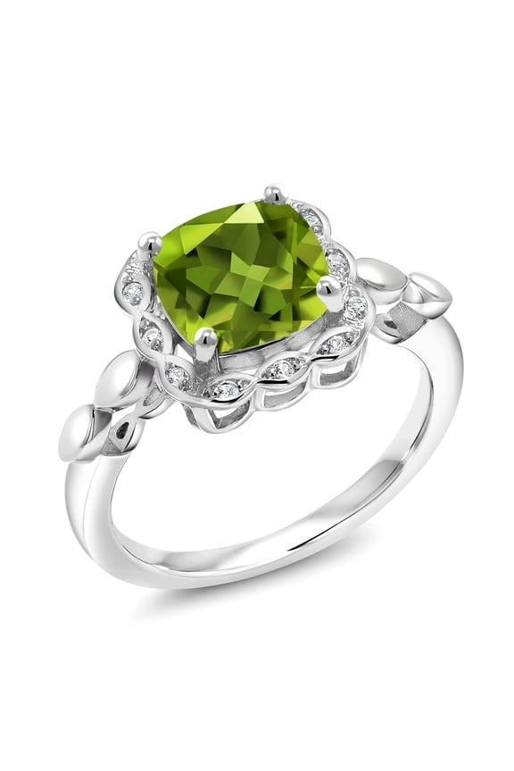 925 Sterling Silver Green Peridot and White Created Sapphire Engagement Ring for Women | 2.55 Cttw | Cushion 8MM | Gemstone August Birthstone | Size 8