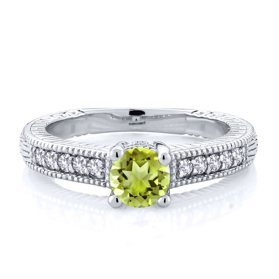 Gem Stone King 925 Sterling Silver Green Peridot and White Created Sapphire Women's Solitaire Ring with Accent Stones (0.70 Cttw, Round Shape 5MM, Size 9)