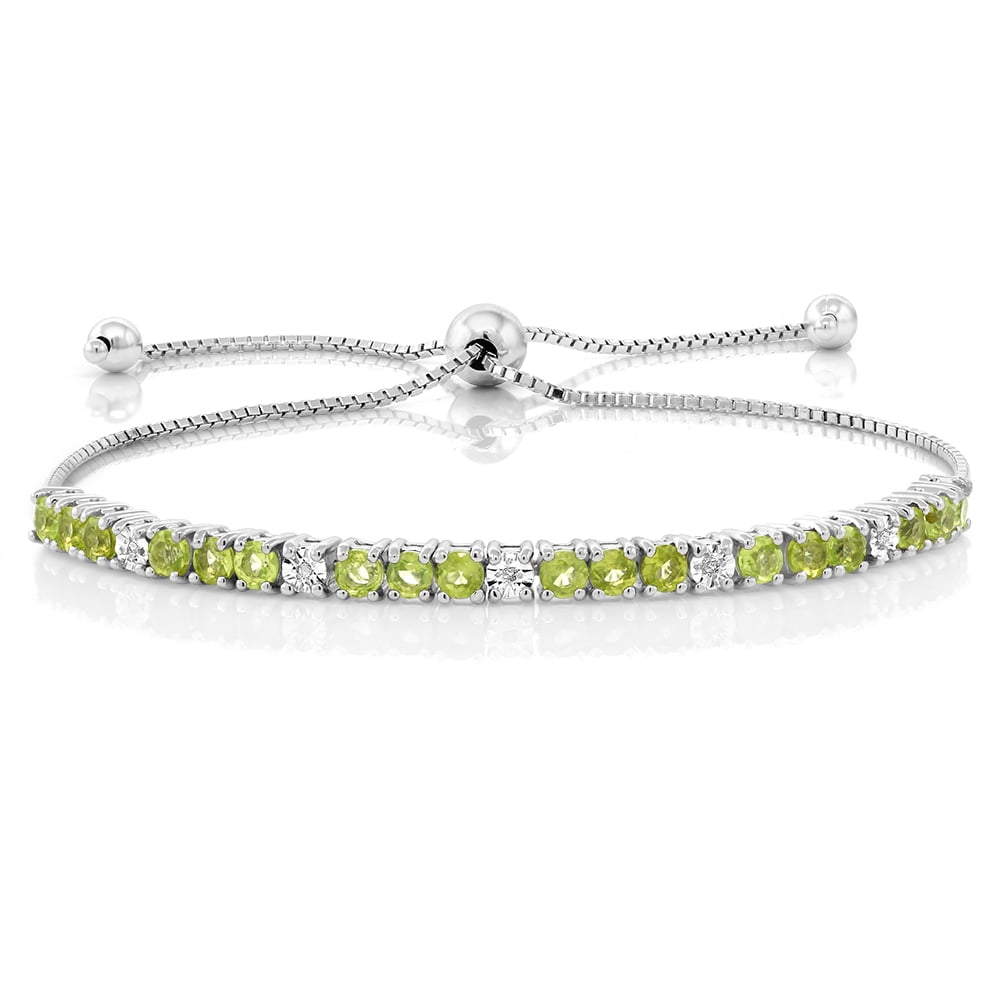 Gem Stone King Sterling Silver Peridot & Diamond Tennis Bracelet For Women - Adjustable Up To 9 Inches, 2.05 Ct Tw, Birthstone Jewelry
