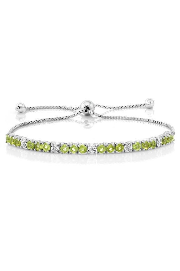 2.05 Cttw Green Peridot and White Diamond Tennis Bracelet for Women | 925 Sterling Silver | Gemstone Birthstone | Adjustable Bolo Bracelet for Women | Easy-On Easy-Off