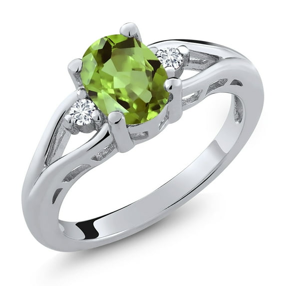 Gem Stone King 925 Sterling Silver Green Peridot and White Lab Grown Diamond 3 Stone Engagement Ring for Women | 1.50 Cttw | Oval 8X6MM | Round 2MM | Gemstone August Birthstone | Size 5