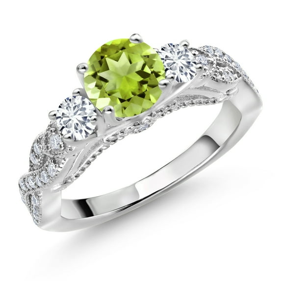 Gem Stone King 925 Sterling Silver Green Peridot White Lab Grown Diamond and White Moissanite Engagement Ring for Women (1.47 Cttw, Gemstone August Birthstone, Round 6MM and 3MM, Size 9)