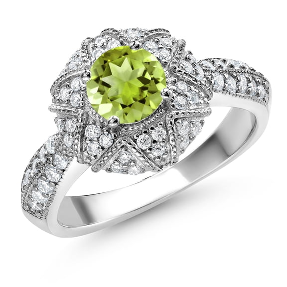 Gem Stone King 925 Sterling Silver Green Peridot and White Moissanite Engagement Ring for Women (1.39 Cttw, Center 6MM, Gemstone August Birthstone, Available in Size 5, 6, 7, 8, 9)