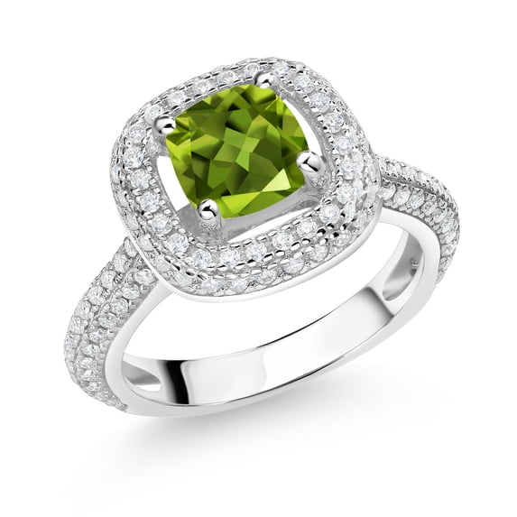 Gem Stone King 925 Sterling Silver Green Peridot and White Moissanite Engagement Ring for Women (1.48 Cttw, Cushion 6MM, Gemstone August Birthstone, Size 7)