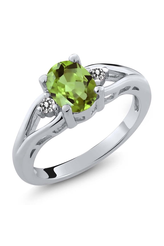 1.50 Cttw Green Peridot and White Topaz 3-Stone Ring for Women | 925 Silver | Gemstone Birthstone | Oval 8X6MM | Three Stone Wedding Engagement Anniversary Promise Ring | Size 8