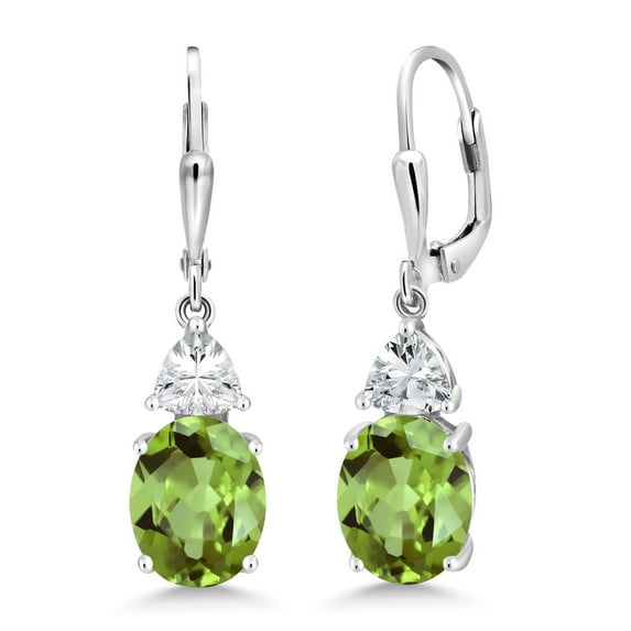 Gem Stone King 925 Sterling Silver Green Peridot and White Zirconia Dangle Earrings for Women (6.00 Cttw, Gemstone August Birthstone, Oval 10X8MM, Trillion 5MM)