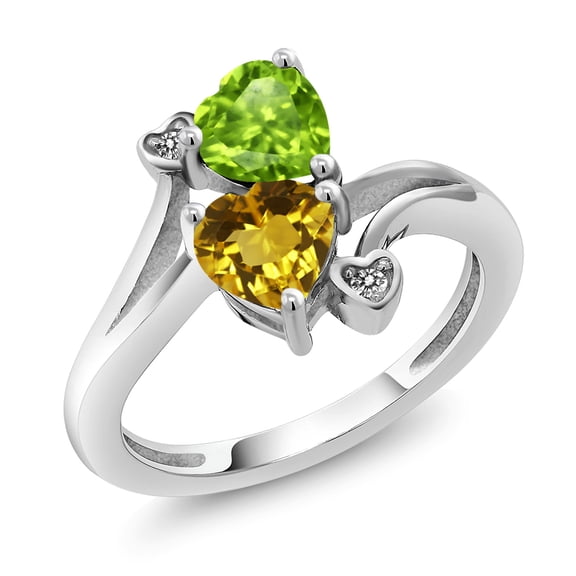 Gem Stone King 1.56 Cttw Green Peridot Yellow Citrine and White Diamond Ring for Women | 925 Silver | Heart Shape 6MM | Gemstone Birthstone | Wedding Engagement Anniversary Ring for Women | Size 8