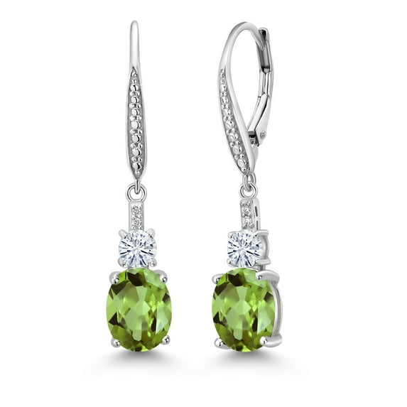 Gem Stone King 925 Sterling Silver Green Peridot and Moissanite Dangle Earrings for Women with Lab Grown Diamond (4.69 Cttw, Oval 9X7MM)