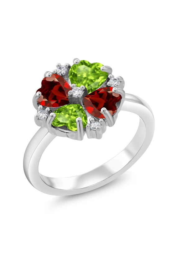 925 Sterling Silver Green Peridot and Red Garnet Ring for Women (2.18 Cttw, Heart Shape 5MM, Gemstone August Birthstone, Size 7)