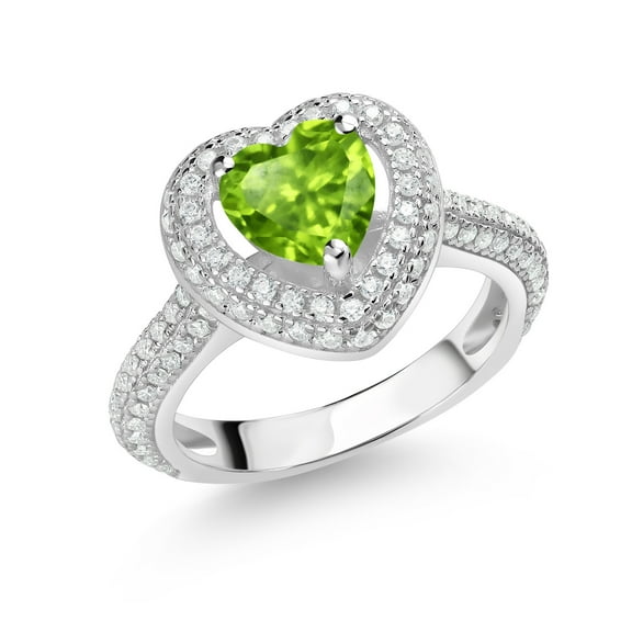 Gem Stone King 925 Sterling Silver Green Peridot and White Moissanite Heart Shape Ring for Women (1.39 Cttw, Size 9)
