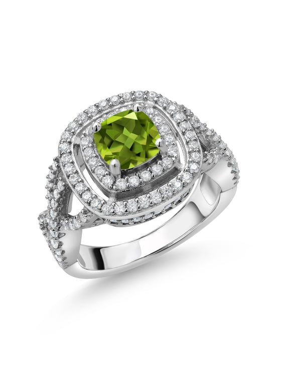 925 Sterling Silver Green Peridot and White Moissanite Ring for Women (1.76 Cttw, Gemstone Birthstone, Cushion Cut 6MM, Size 6)