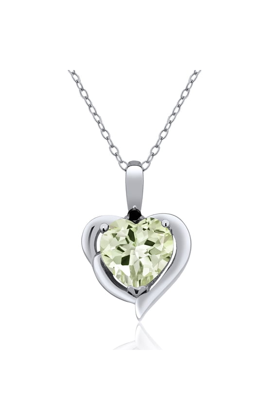 925 Sterling Silver Green Prasiolite and Black Diamond Heart Shape Pendant Necklace for Women (1.77 Cttw, Heart 8MM, Gemstone Birthstone, with 18 inch Chain)